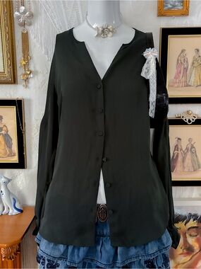 Whimsigoth witchy romantic girly pleated sleeve dark green button chiffon blouse